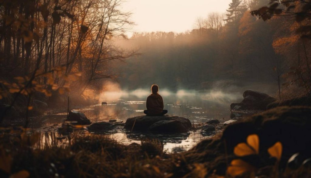 Pessoas sentada em uma pedra meditando